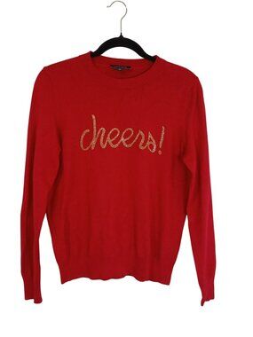 Anthropologie Calligraphie Red Sweater  Gold "Cheers!" Embellishment  Sz S